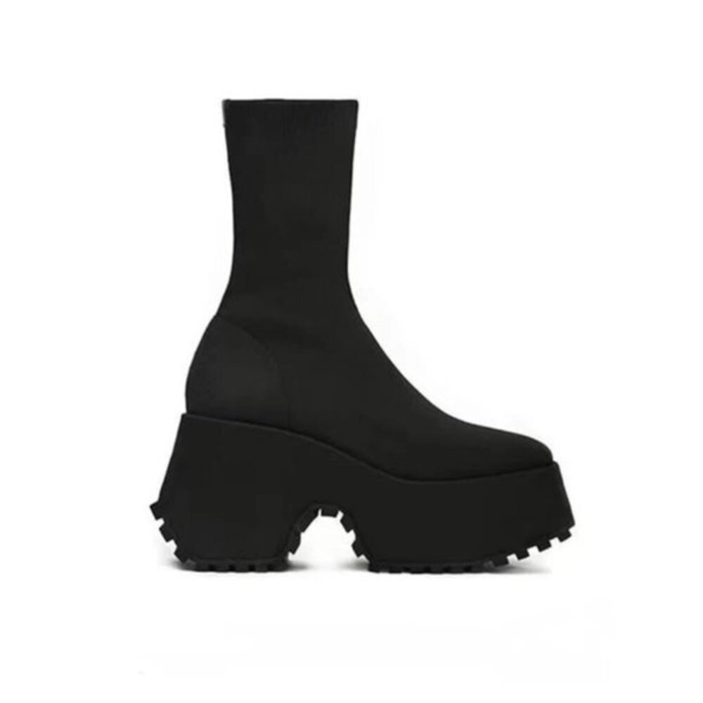 Black Chunky Grip Heel Sock Boots Booties Ankle Wedge Platform Flatform Punk